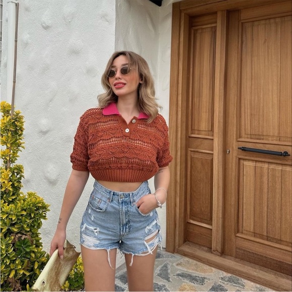 ZARA POINTELLE KNIT CROP TOP SZ S - Picture 3 of 8